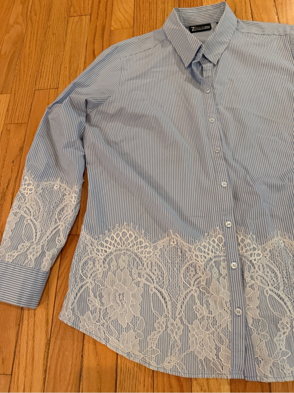 Blue Pinstripe Button-Up Shirt with White Lace Trim cotton - Picture 4 of 7